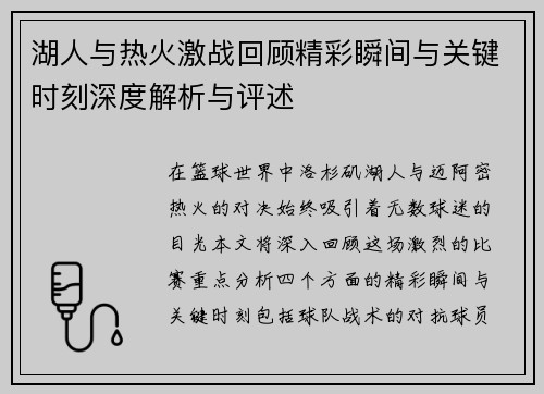 湖人与热火激战回顾精彩瞬间与关键时刻深度解析与评述